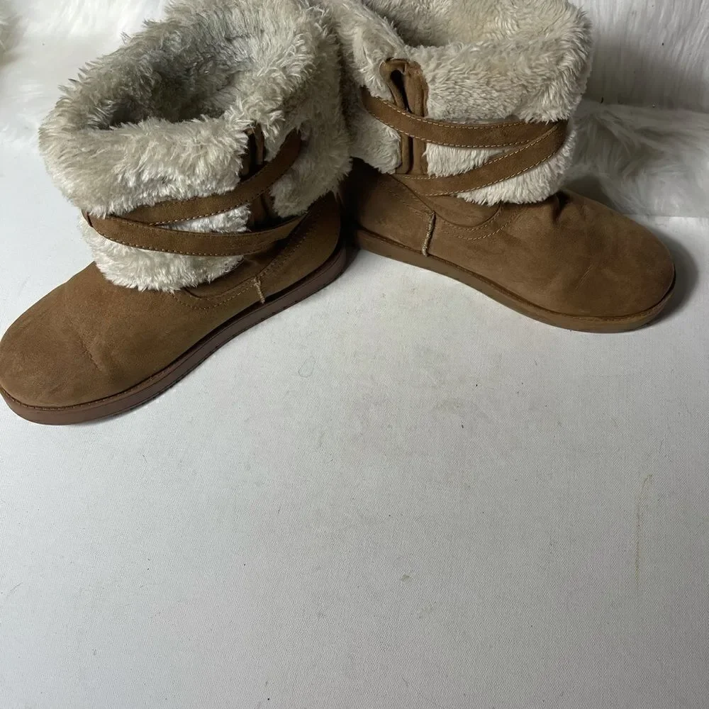 G by Gess tan suede faux fur ankle boots with side buckle slip on.